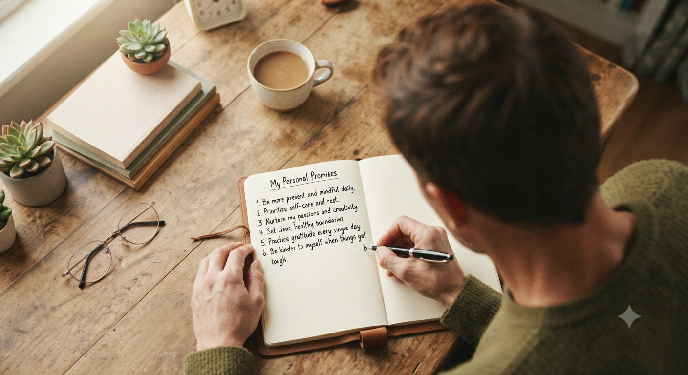 Person writing personal promises in a notebook