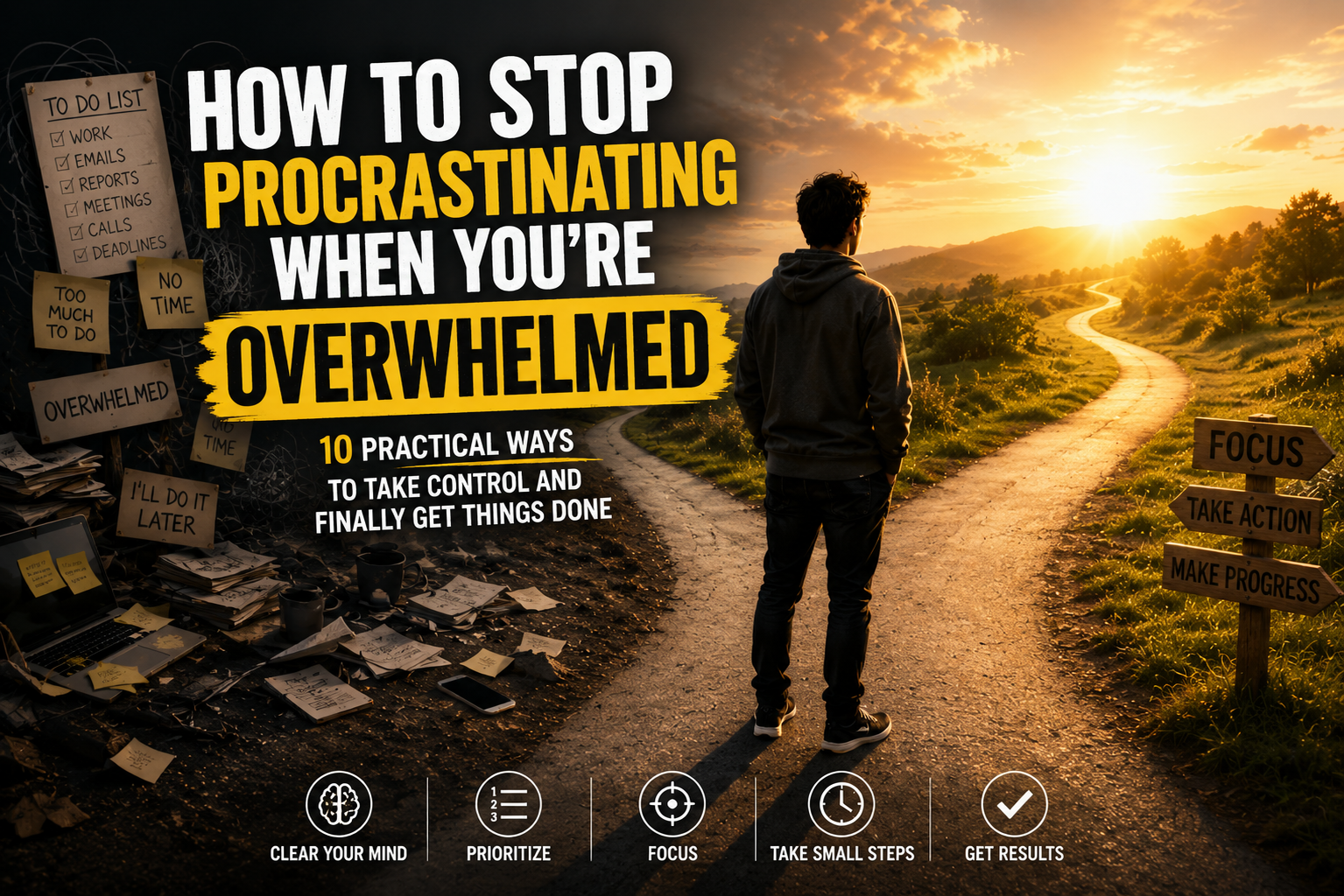 Overwhelmed person standing at a crossroads choosing a clear path forward